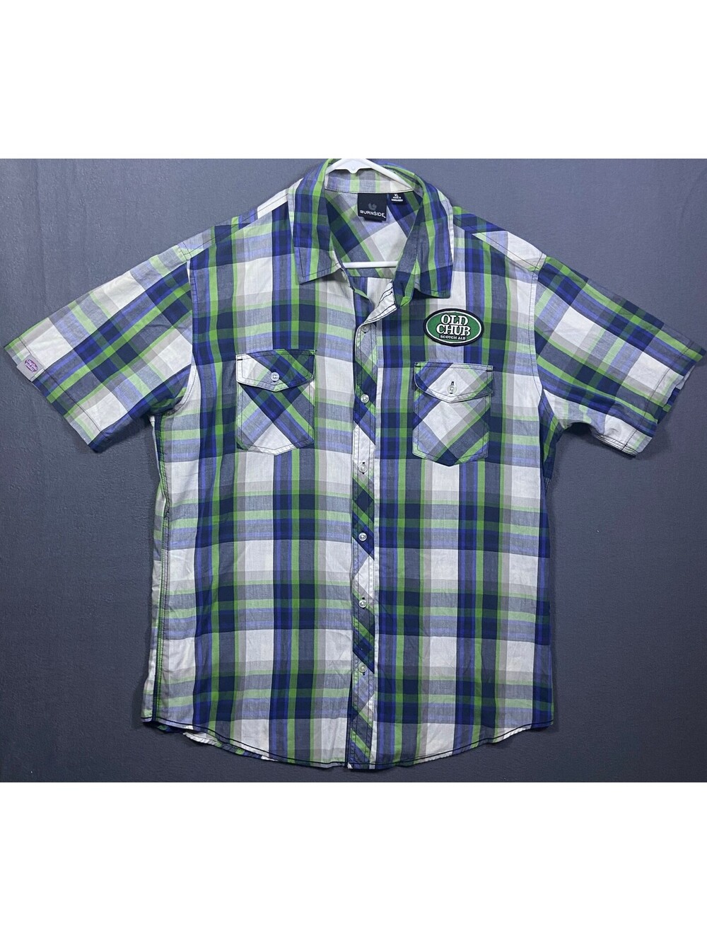 Oskar Blues Brewing Burnside XL Green Blue Plaid SS Shirt Old Chub Scotch Ale